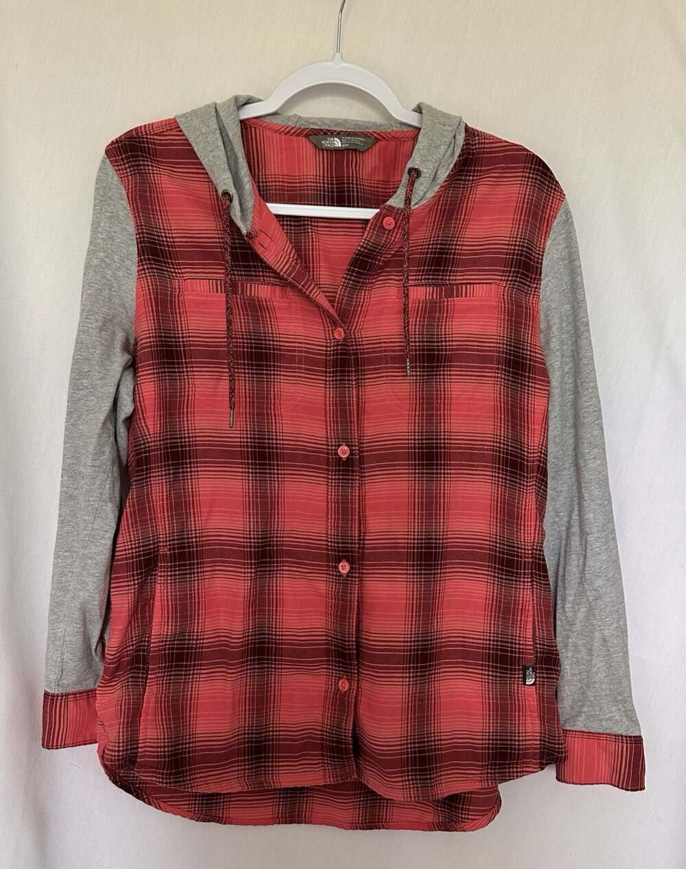 The North Face Campground Shacket Red Plaid Hooded Flannel Shirt Jacket